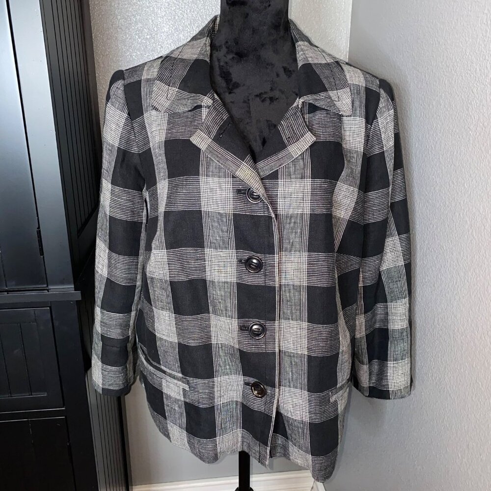 Victor Alfaro Blazer 18W Black White Plaid Jacket Linen Retro Preppy Office